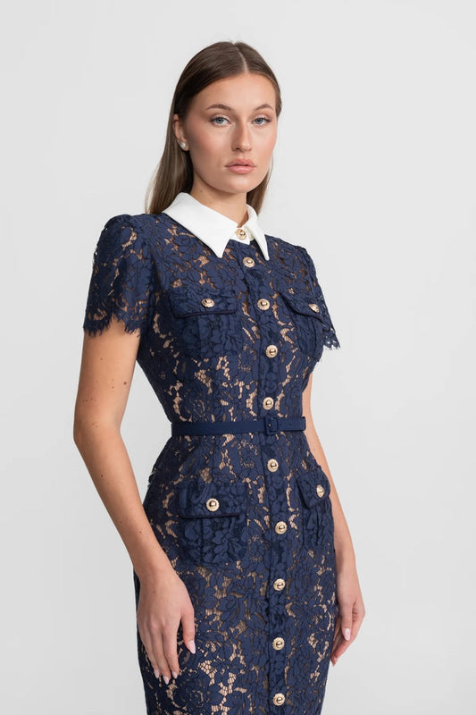 Karina | Floral Lace Midi Dress - Navy Blue
