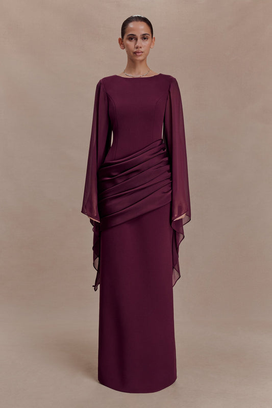 OPHÉLIE - MAXI DRESS CASCADE SLEEVES - WINE