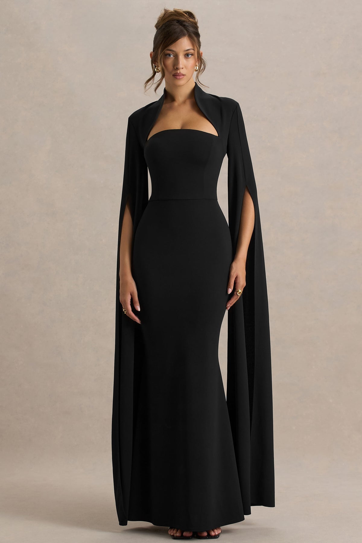 EVA - BLACK SQUARE-NECK MAXI DRESS WITH CAPE SLEEVES