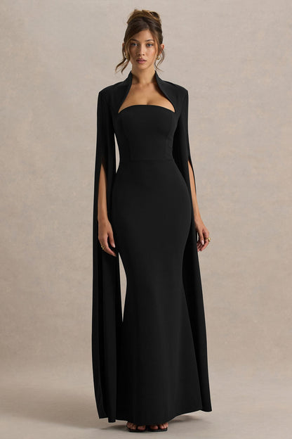 EVA - BLACK SQUARE-NECK MAXI DRESS WITH CAPE SLEEVES
