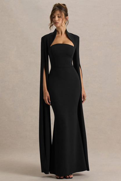 EVA - BLACK SQUARE-NECK MAXI DRESS WITH CAPE SLEEVES